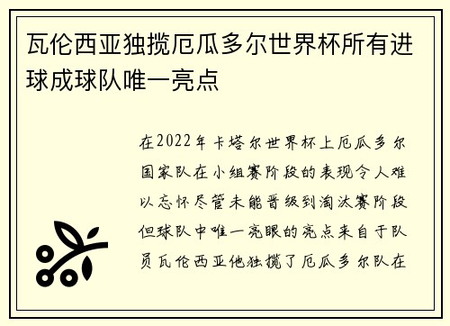 瓦伦西亚独揽厄瓜多尔世界杯所有进球成球队唯一亮点